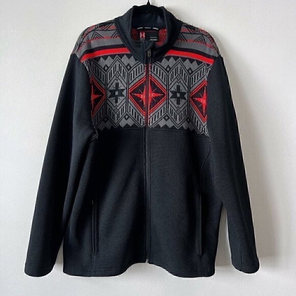 Vintage Spyder Men's Core Sweater Size XL Black Red Aztec Print Design Full Zip